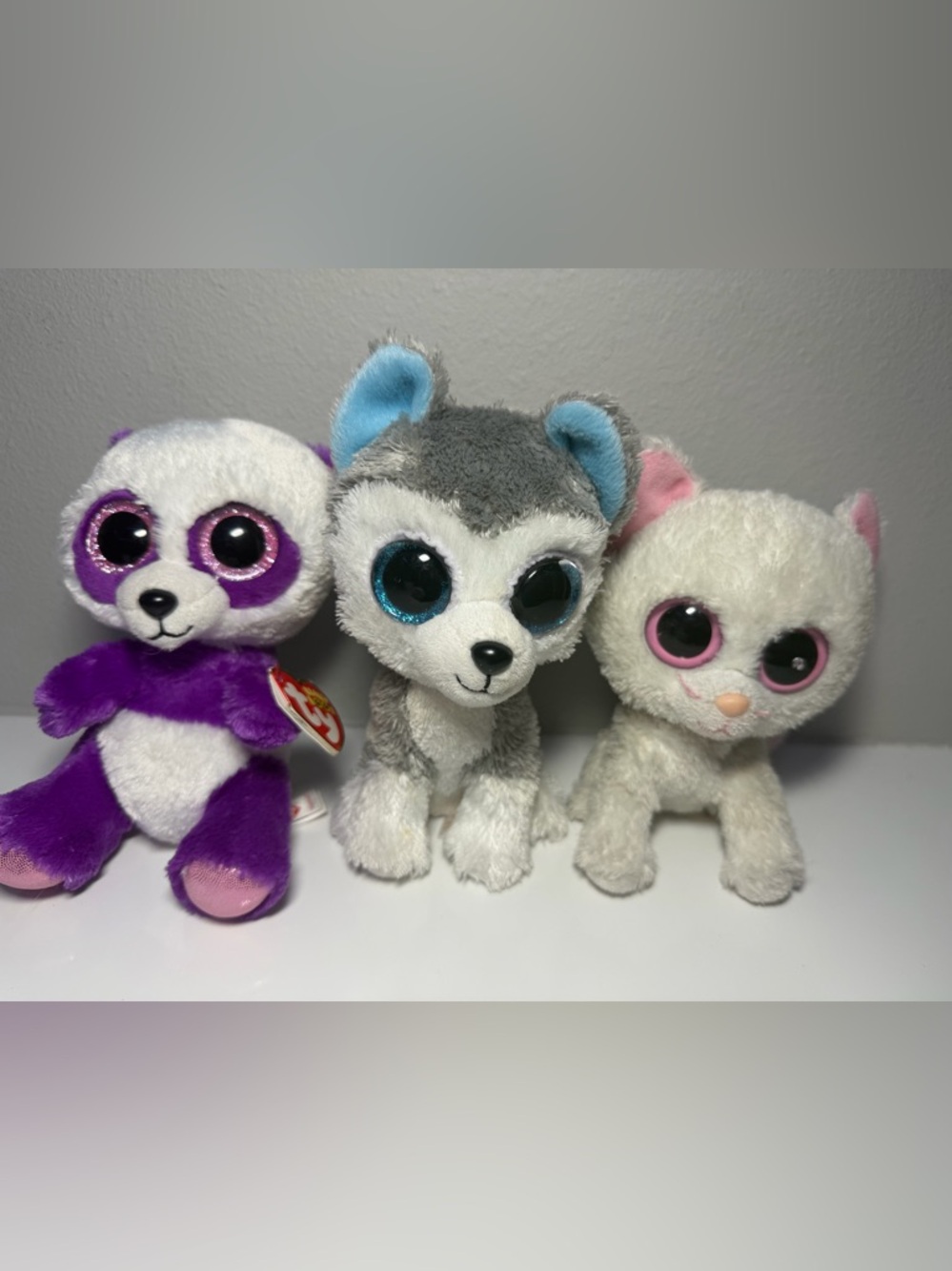 Ty Beanie Boos Trio Plush Set - Gray Husky, Purple Panda, White Kitty